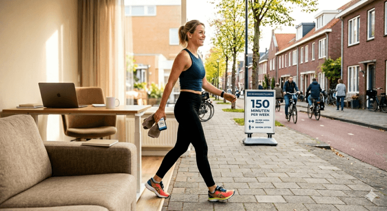 mevrouw loopt buiten en komt van de bank