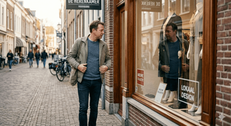 Meneer loopt in de herenstraat van Voorburg